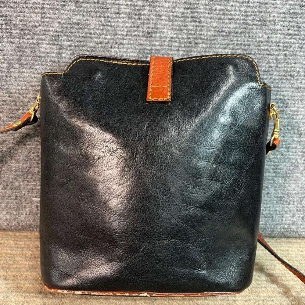 Vintage Italian Leather Crossbody Bag Black Brown Trim Turn Lock Small Bucket